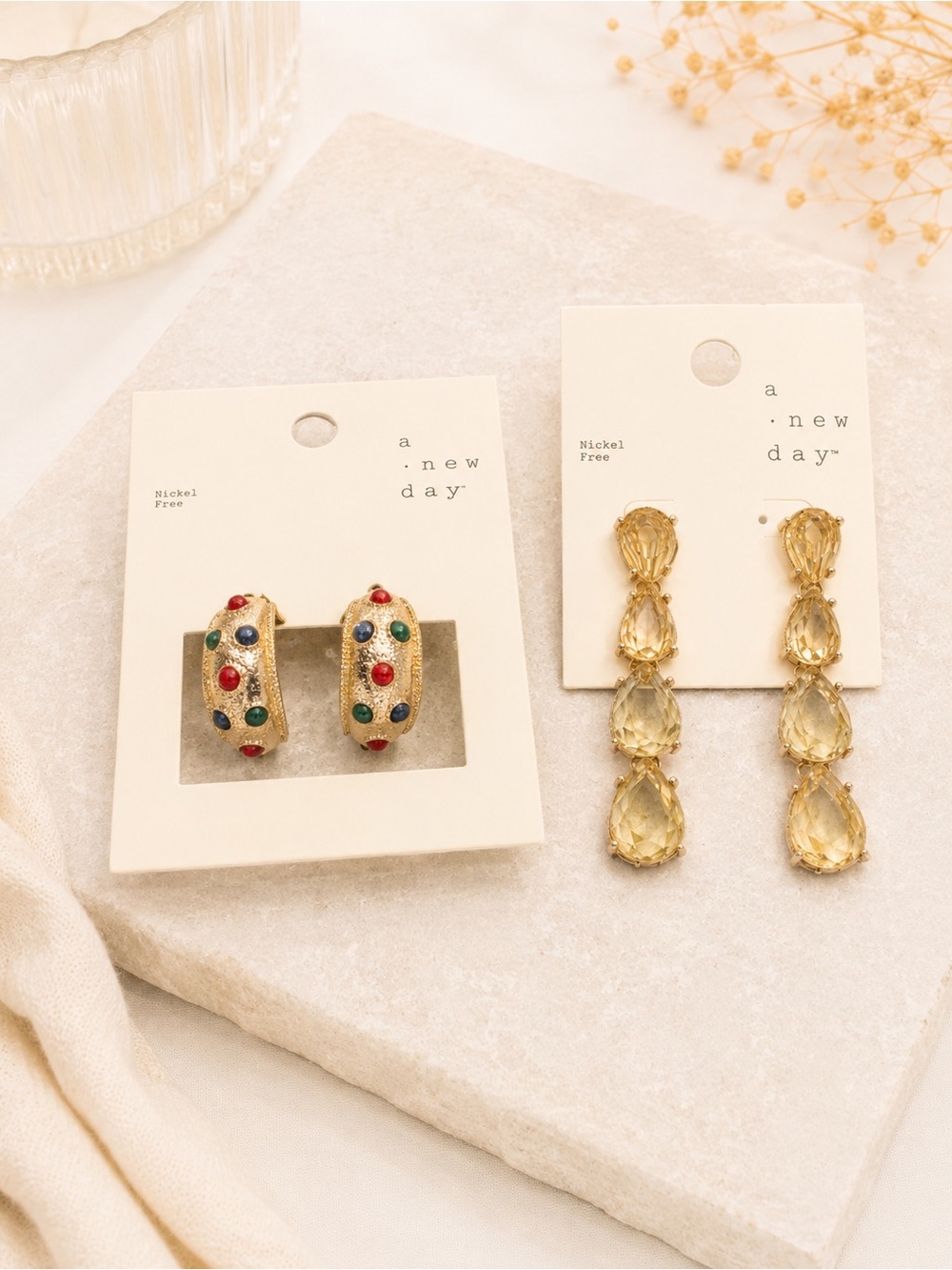 2 pair bundle lot Gold Multi-Color Gem Hoop Earrings dangle drop crystal preppy
